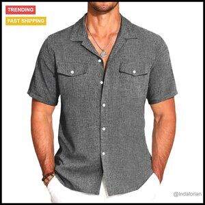 Men's Linen Short Sleeve Button Down Shirt Casual Cuban Collar Summer Beach